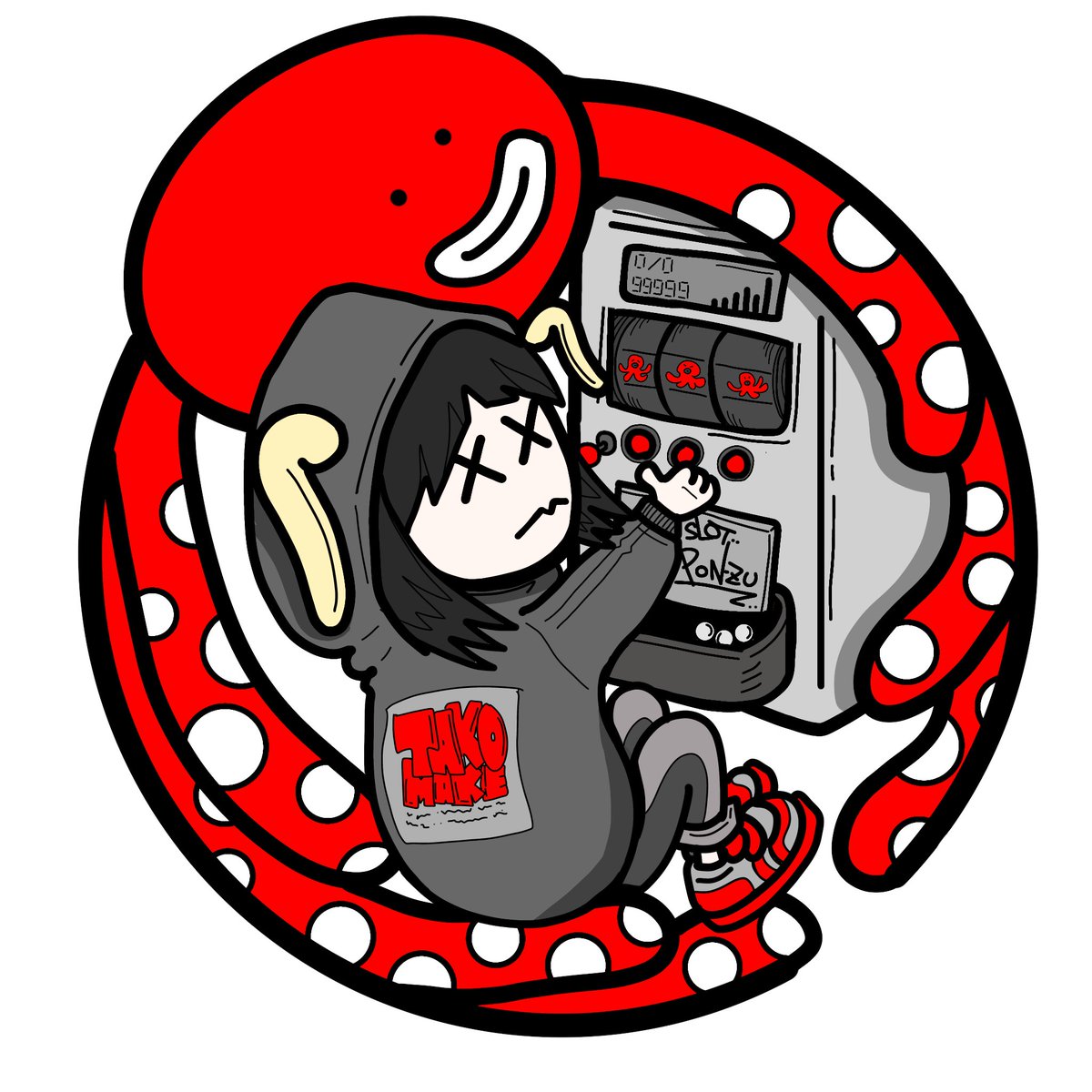 ちょっと前にお仕事ご依頼頂いたスロット系インフルエンサー @pon_zu_chan_のタコ負けイラスト、スロットで負ける事タコ負けっていうらしいです。ステッカーになるらしいです😊