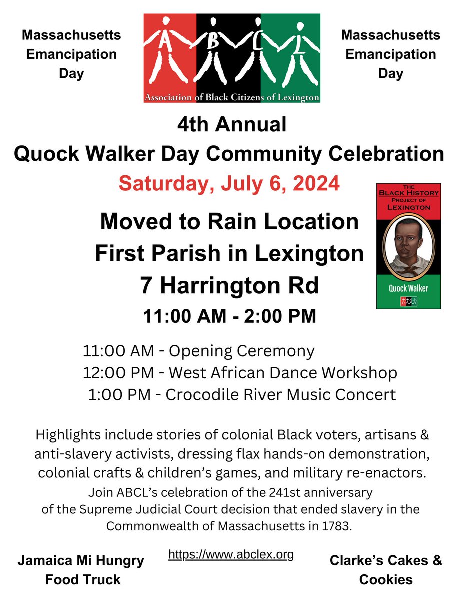 We have implemented our rain contingency plan. The community celebration has been moved to First Parish of Lexington.