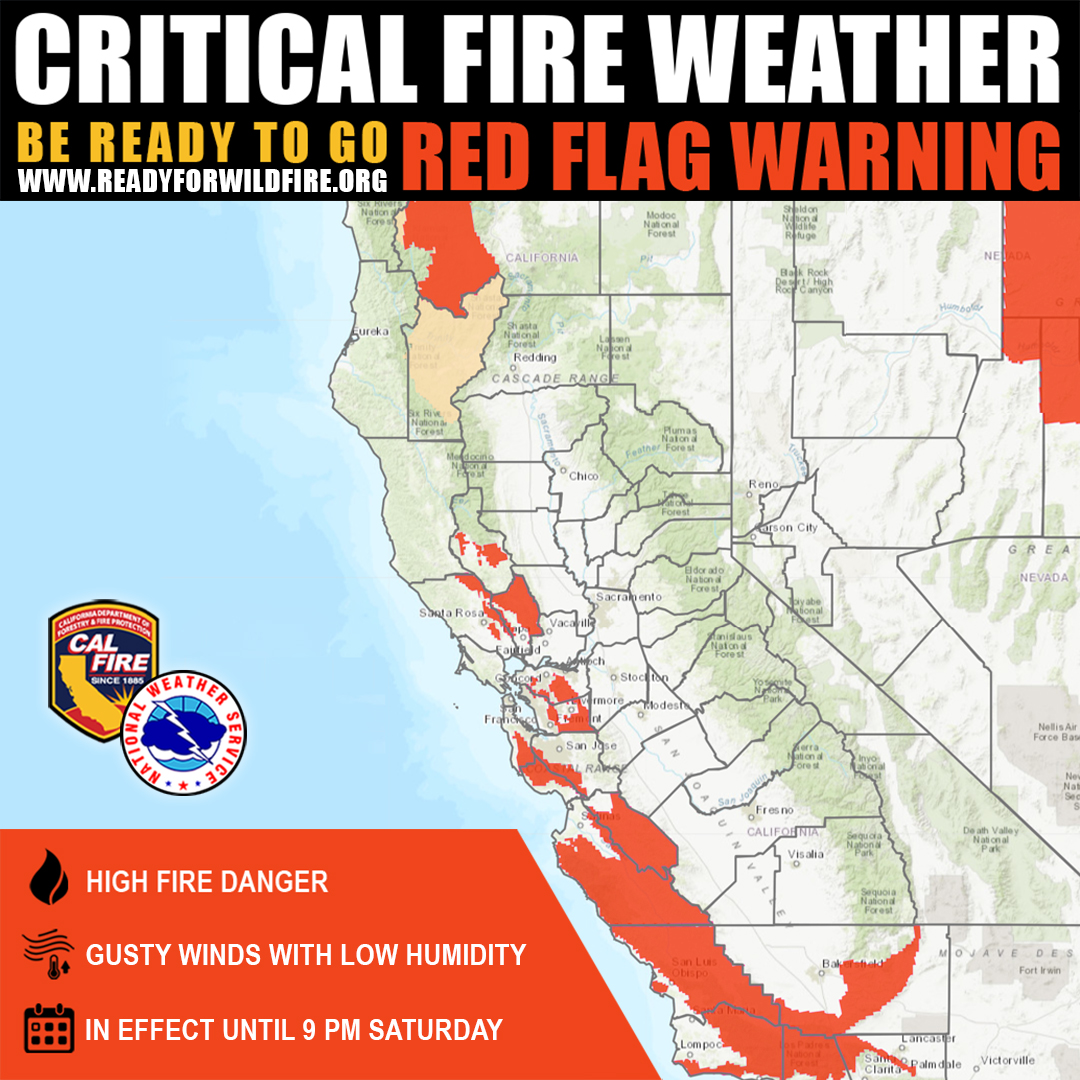 CAL_FIRE's tweet photo. 🚨 Red Flag Warning Issued 🚨

Due to high fire danger from gusty winds and low humidity, a Critical Fire Weather Red Flag Warning is in effect until 9 PM Saturday for much of the Central Coast, East Bay, and Northern California.

🔥 Stay vigilant and take extra precautions:

Avoid activities that can spark a fire
Ensure your home and property are prepared
Follow any local evacuation orders and updates
Let's all do our part to keep our communities safe. One Less Spark means One Less Wildfire.

#RedFlagWarning #CALFIRE #FireSafety #StaySafe #WildfirePreparedness 🔥🌲🚒
