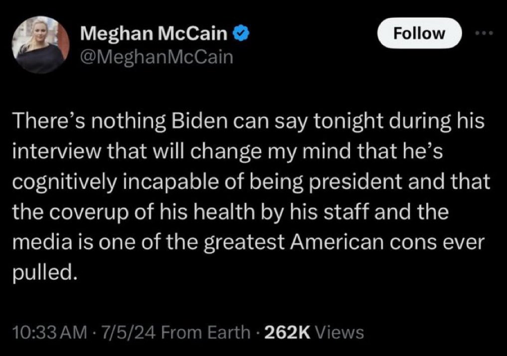 acnewsitics's tweet photo. Meghan McCain's own father had aggressive and deadly brain cancer, and he served until he passed. Did Meghan say her father was cognitively incapable? No, she didn't. https://t.co/lDNgALUcly
