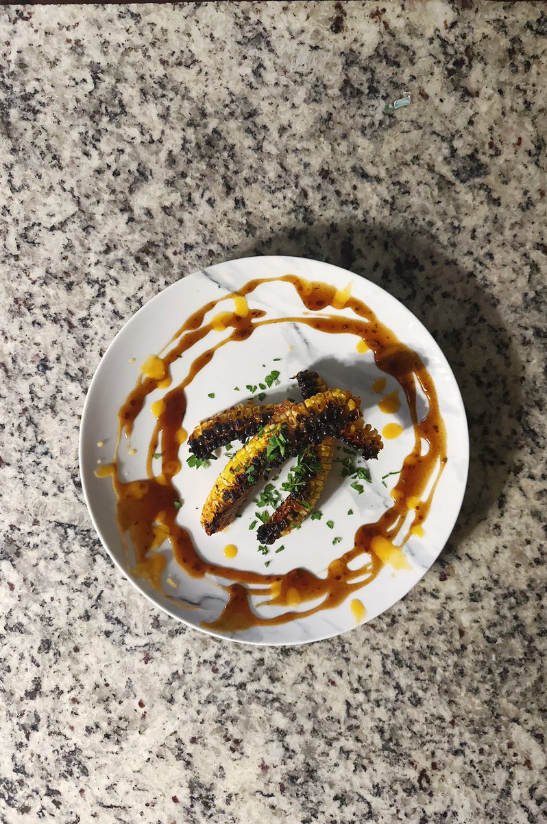CreativeGiles's tweet image. Semi-charred barbecue corn ribs with a spicy Asian-inspired bulgogi bbq sauce and key-lime habanero sauce topped with fresh-chopped cilantro, lime zest and lime juice.