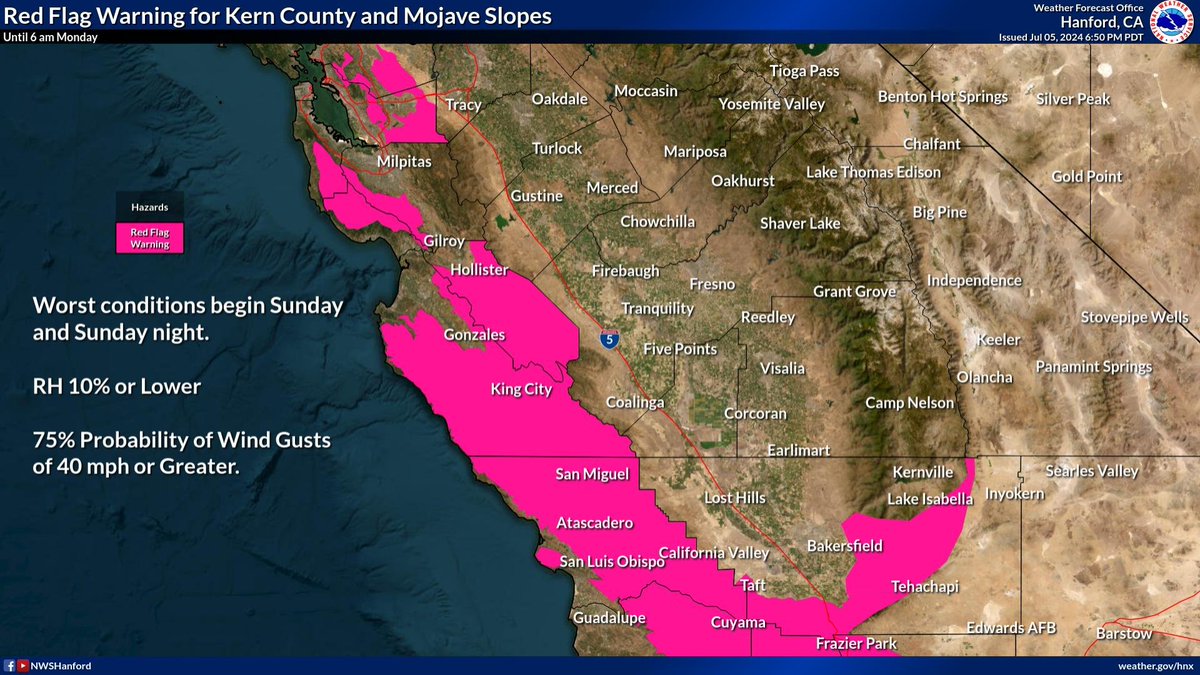 Any ignition source such as cigarette butts or vehicles stopped in grassy areas are dangerous. Outdoor burning is not recommended. Conditions are favorable for rapid fire spread and extreme fire behavior which could threaten life and property. #CAwx #fireweather