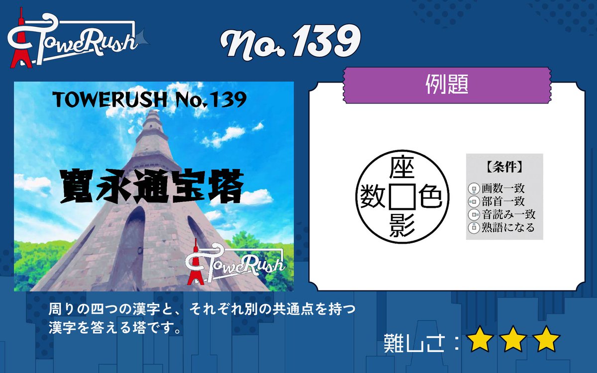 TOWERUSH_Q's tweet photo. 【🗼LINEで遊べるコンテンツ🗼】
『TOWERUSH』
No.137「読み込み合体漢字塔」
No.138「自由なアナグラム塔」
No.139「寛永通宝塔」
No.140「カタカナ語翻訳塔」

#読み込み合体漢字塔 #自由なアナグラム塔 #寛永通宝塔 #カタカナ語翻訳塔 #TOWERUSH https://t.co/b8owUACYXO