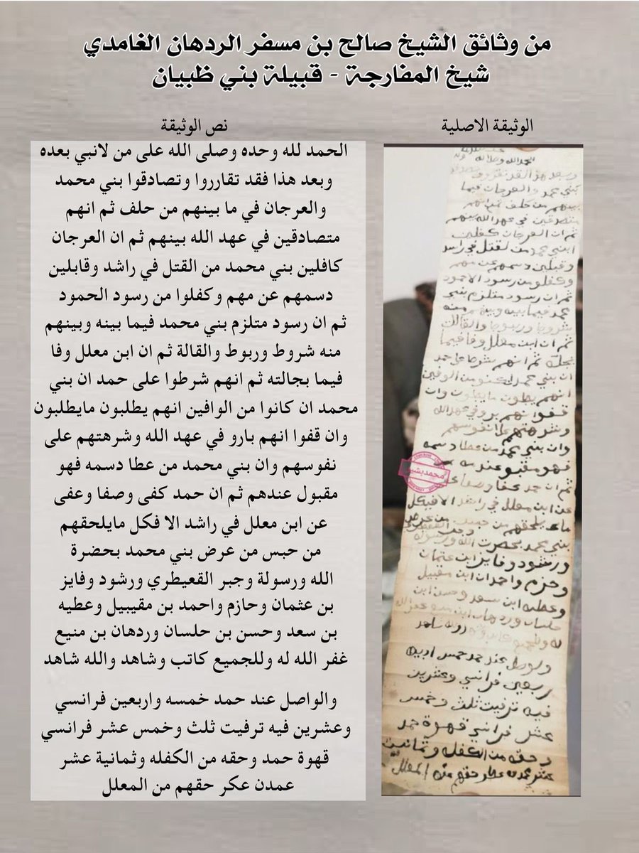 الحمدلله وحده
من مدونات جدي الشيخ /صالح بن مسفر الردهان 
شيخ قرية المفارجة من بني ظبيان 
هذه الوثيقة تحكي قرار صداق ووفاء بين #المعلل_من_المفارجة_بني_ظبيان و #قبيلة 
"العرجان" فخذ من قبيلة الحلة في بادية غامد .. وشيخهم "الحمر" .. ولهم حدود مع بني محمد من المفارجة بني ظبيان