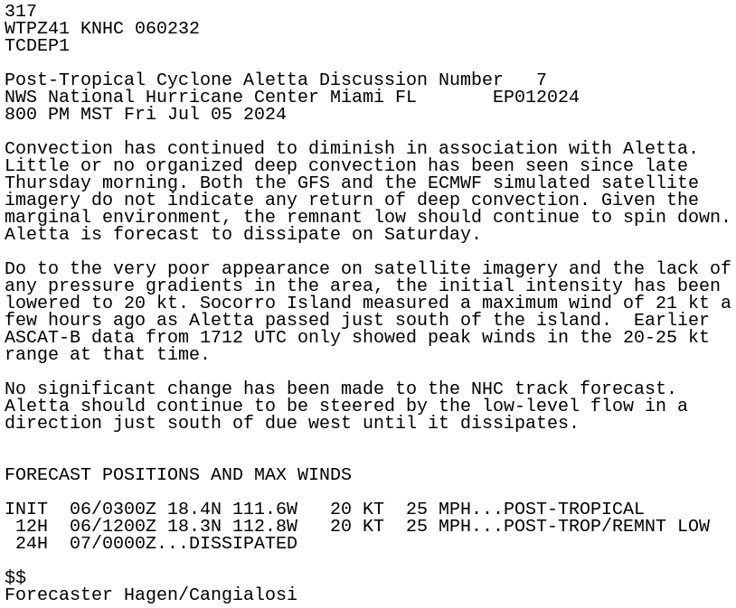 LimWeather's tweet photo. #TropicalDepression #Aletta is now 25MPH post tropical and dies out at sea, well away from #Mexico and all other land masses!
#Tropicswx #wxtwitter #HurricaneSeason #wxx #TropicalDepressionAletta #TropicalStormAletta #TropicalStorm #HurricaneSeason2024 https://t.co/bcskwL9hiA