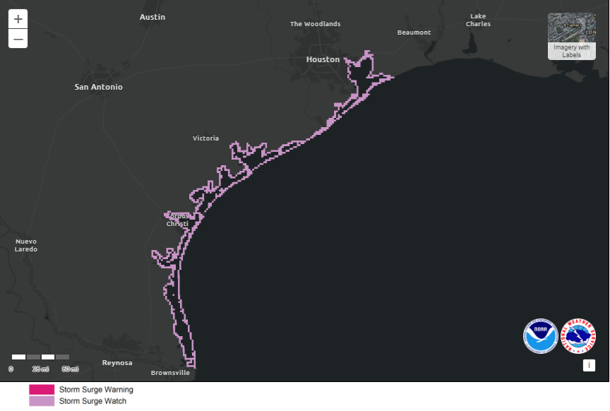 NHC_Surge's tweet photo. 7/5 10PM CDT: There is an increasing risk of life-threatening storm surge along much of the Texas Coast late Sunday &amp; Monday where a Storm Surge Watch has been issued. Interests in these areas should follow any advice given by local officials. https://t.co/VSkkVRg5Eh
