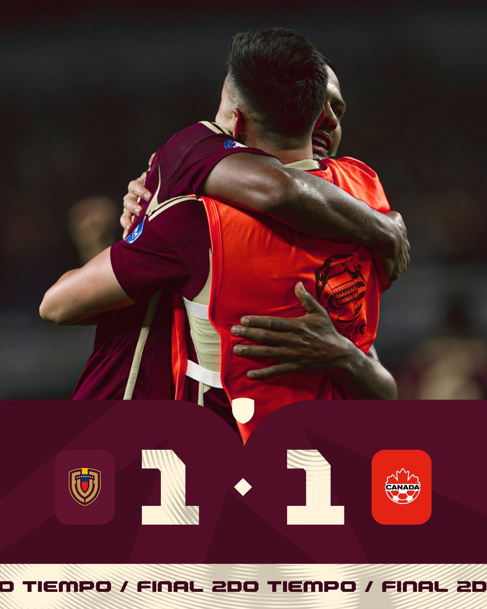 SeleVinotinto's tweet photo. ¡Finaliza el segundo tiempo! 

Se define en penales.

¡TODOS JUNTOS! ❤️

Venezuela 1-1 Canadá 

#SiempreVinotinto 🇻🇪 #VibraElContinente https://t.co/eZyHkivqCr