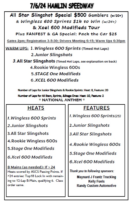 HamlinSpeed's tweet image. 7/6/24 Big Show of 3-Class Specials, Fanfest, &amp;amp; GA Pack the Car $25!