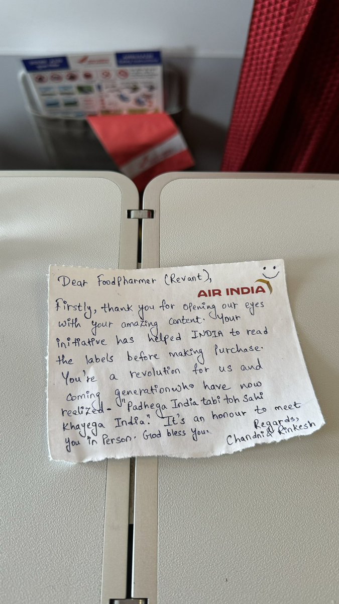 An Air India pilot wrote this heartwarming note on a flight I took today :)