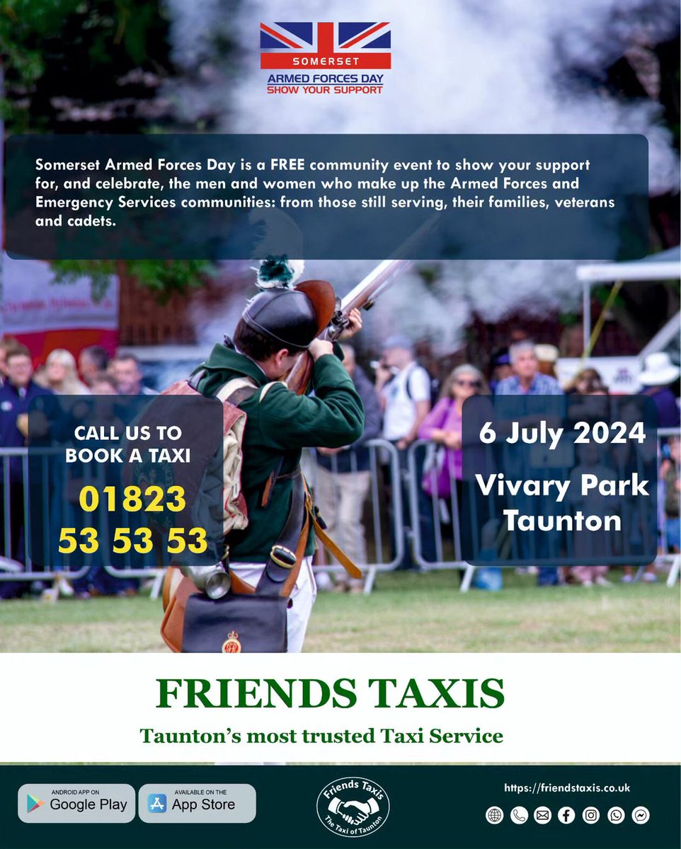 FriendsTaxis's tweet image. Proudly serving those who serve! Enjoy hassle-free travel on Somerset Armed Forces Day - Friends Taxis.

Taxi in Taunton Somerset UK 

friendstaxis.co.uk

#somersetarmedforcesday #somersetafd #SAFD #visittaunton #localbusiness #supportlocal #taxi #transport #tauntonsomerset