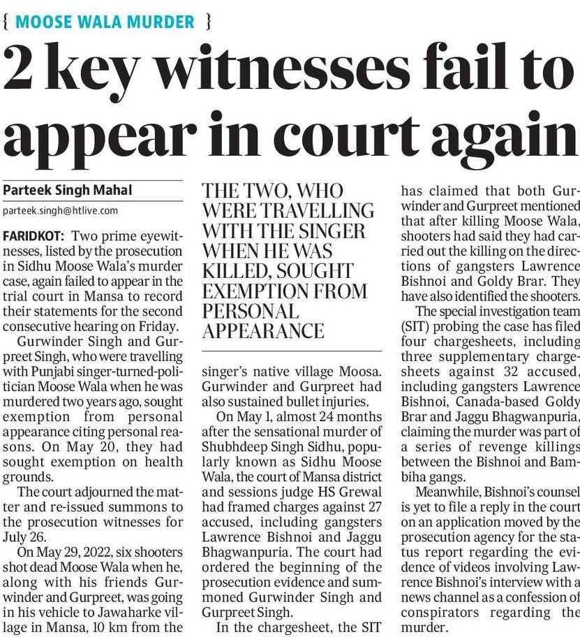 parteekmahal's tweet image. Two prime eyewitnesses, Gurwinder Singh &amp;amp; Gurpreet Singh, who were travelling with #SidhuMooseWala when he was murdered two years ago, again failed to appear in the trial court in Mansa to record their statements for the second consecutive hearing. #MooseWala
