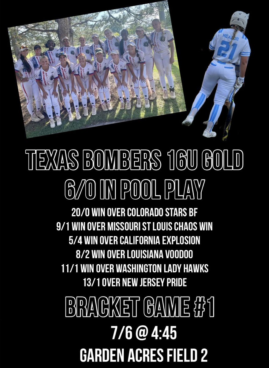 Brookelynn Meador (@brookelynnmead1) on Twitter photo 6/0 in Pool Play, we start bracket play tomorrow; WIN to stay in!
Let’s go girls; come out and watch @ Garden Acres as we work toward the 2024 IDT CHAMPIONSHIP! <a href="/coachchuck16u/">Chuck Peters</a> <a href="/dale_serie/">Dale Serie</a> <a href="/rshawn7520/">Rodney Williams</a> <a href="/Rw15Woodard/">Ricci Woodard</a> <a href="/ScottWoodard8/">Scott Woodard</a> <a href="/Vanntastic8/">Vann Stuedeman</a> <a href="/torismith_6/">Tori Smith</a> <a href="/Coach_JimBray/">Jim Bray</a> 6/0 in Pool Play, we start bracket play tomorrow; WIN to stay in!
Let’s go girls; come out and watch @ Garden Acres as we work toward the 2024 IDT CHAMPIONSHIP! <a href="/coachchuck16u/">Chuck Peters</a> <a href="/dale_serie/">Dale Serie</a> <a href="/rshawn7520/">Rodney Williams</a> <a href="/Rw15Woodard/">Ricci Woodard</a> <a href="/ScottWoodard8/">Scott Woodard</a> <a href="/Vanntastic8/">Vann Stuedeman</a> <a href="/torismith_6/">Tori Smith</a> <a href="/Coach_JimBray/">Jim Bray</a>
