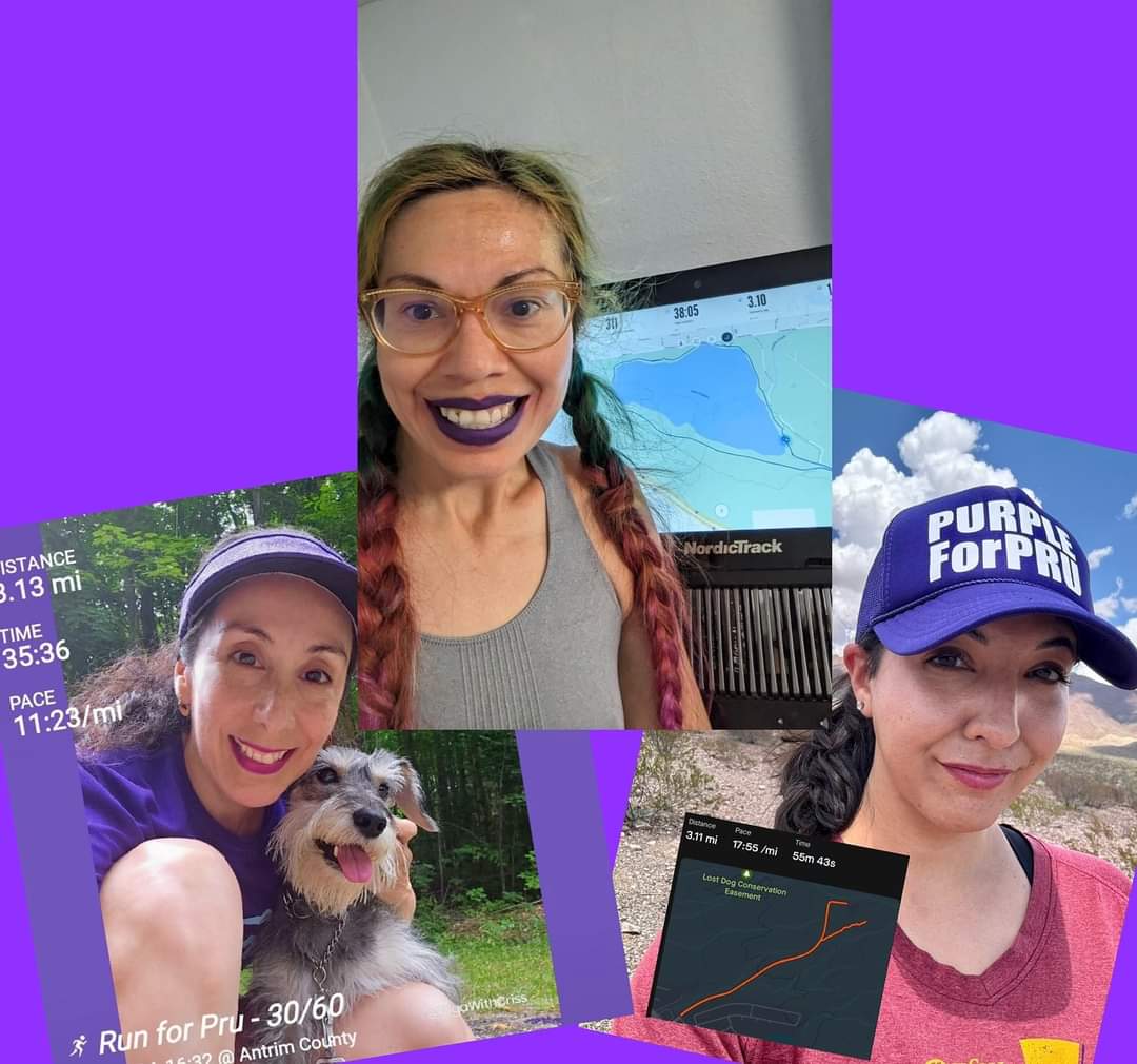 YogaWithCriss's tweet photo. Hoy se cumple un año de la partida de Pru. Ella era técnica veterinaria y amaba a los animales. Hoy se corrió en su honor. En remoto, Sarah, Mo y Punky y yo, hicimos un 5K por esa última carrera que ella no pudo correr. Farewell, trail sister! #PurpleForPru https://t.co/NbvPer4jrP