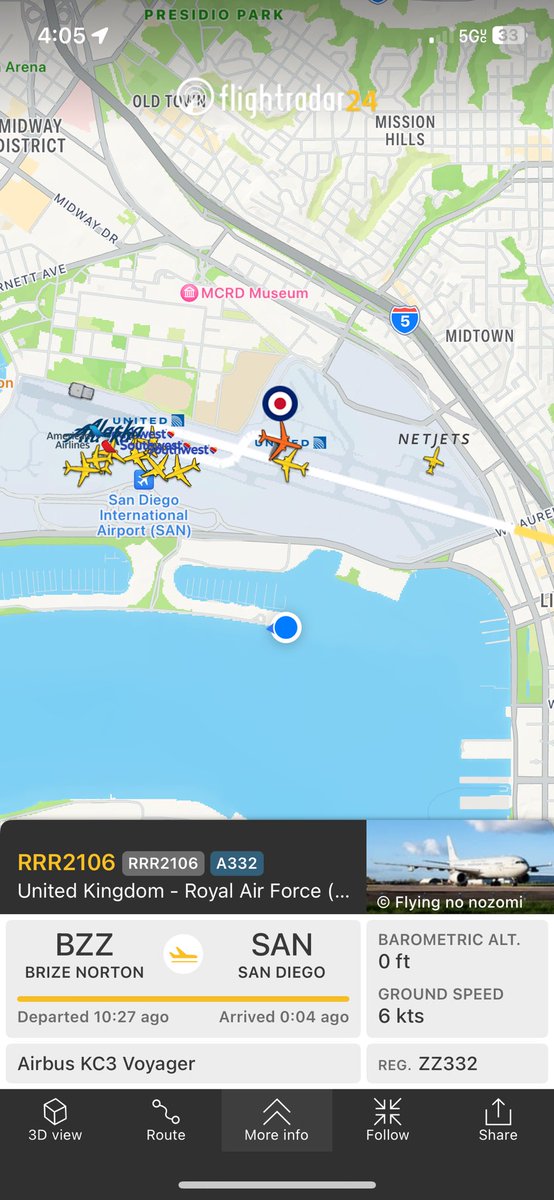 pgreendda's tweet photo. At 3:50pm PT today Friday this RAF aircraft landed smoothly at Lindberg Field Sam Diego.
Any ideas as to the identity of the pax?
Could it have been the former PM and his family taking a Sea World and Legoland holiday? https://t.co/o5Kyqjn4HT