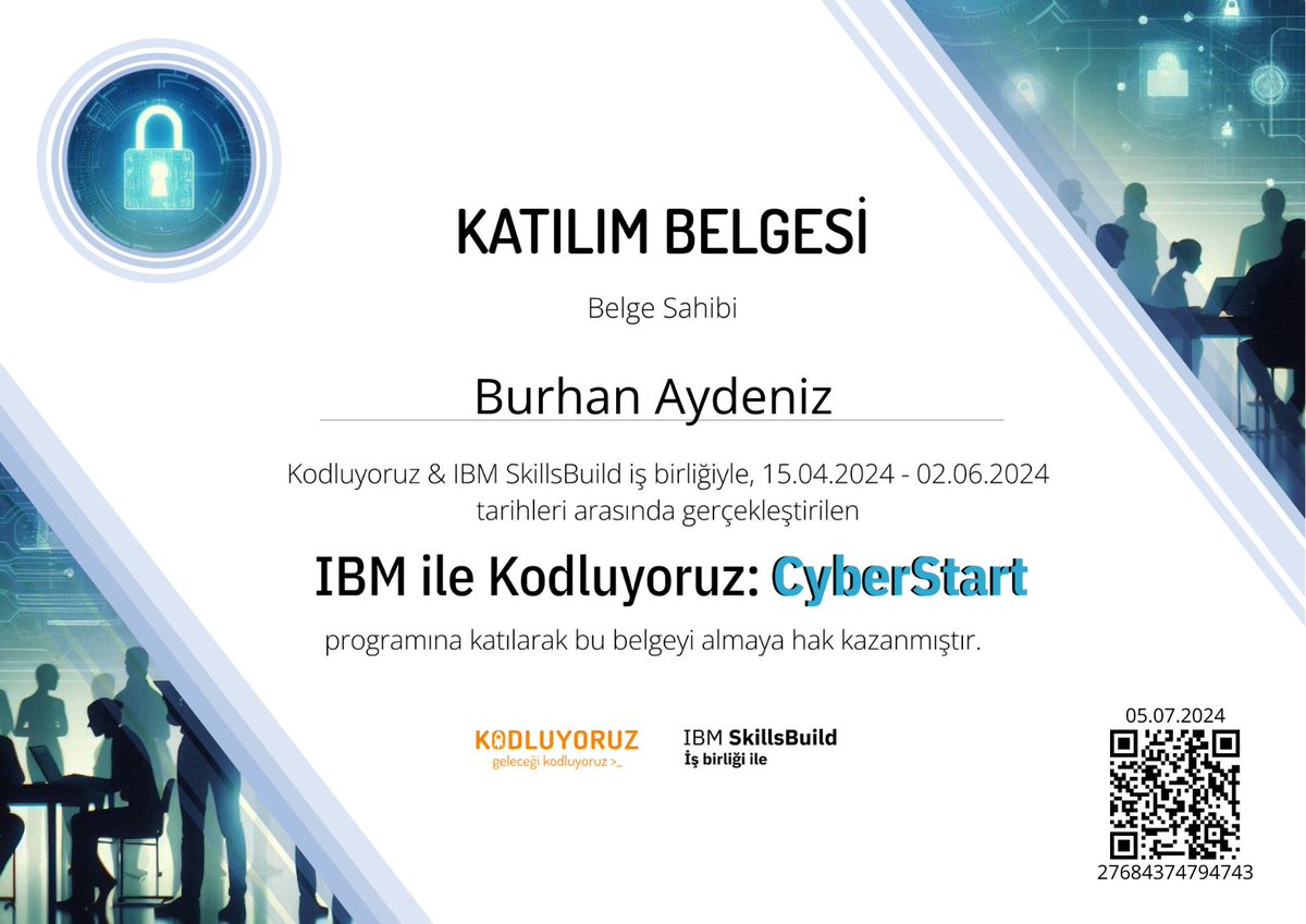 _burhanAydeniz's tweet image. İlham verici bir yolculuğun ardından &apos;IBM ile Kodluyoruz: CyberStart&apos; programını tamamladım! 🌟 Bu süreçte öğrendiğim siber güvenlik bilgileri ve kazandığım deneyimler, kariyerimde büyük bir adım atmamı sağladı. Emeği geçen herkese teşekkürler! #Kodluyoruz #CyberStart #IBM