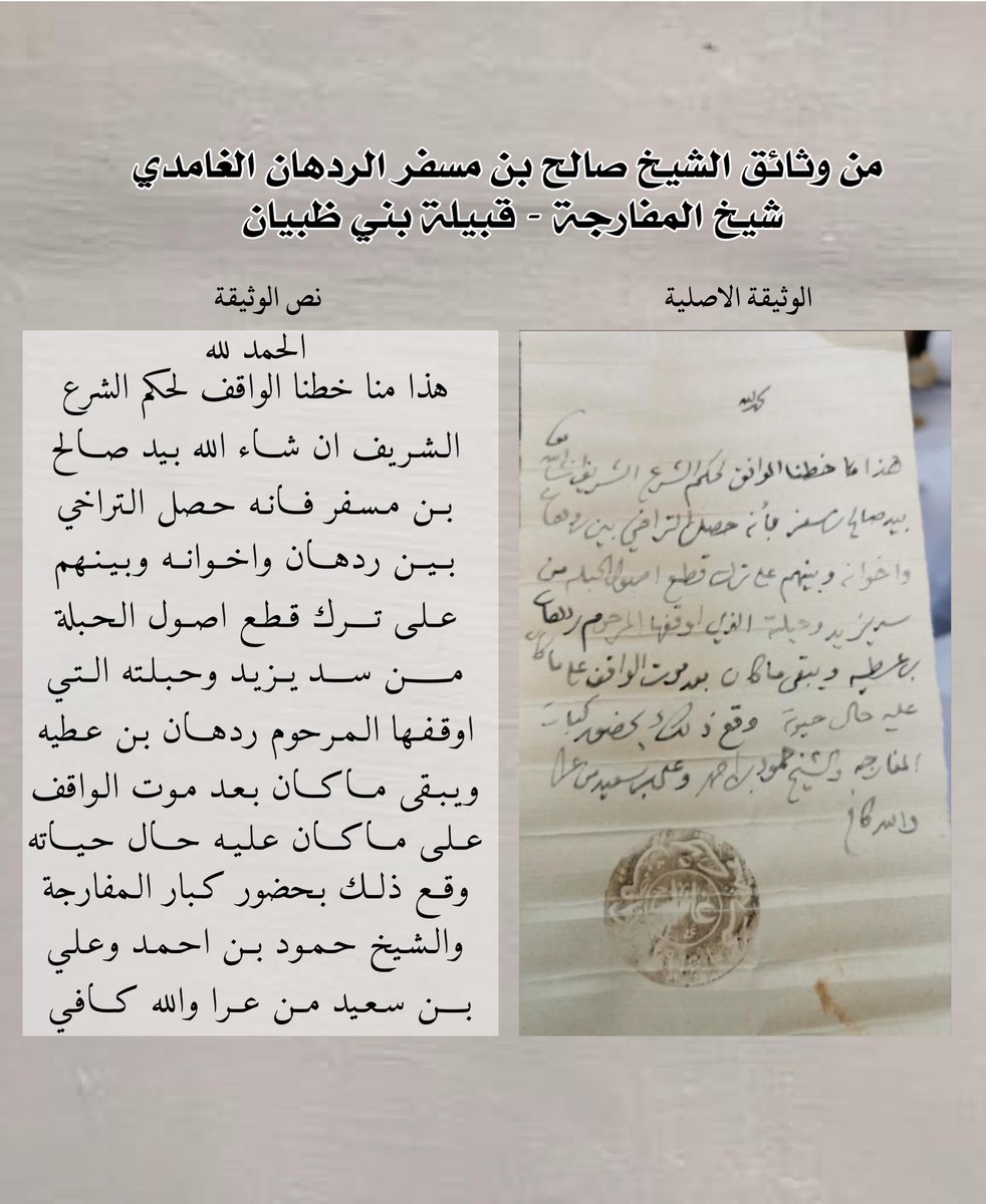 ##السعودية_العظمى_الباحة_المفارجة 
 الحمدلله وحده
من مدونات جدي الشيخ /صالح بن مسفر الردهان
شيخ قرية #المفارجة من بني ظبيان  رحمة الله عليه؛ 
هذه الوثيقه تحكي بين طياتها  حكم شرعي من محكمة غامد