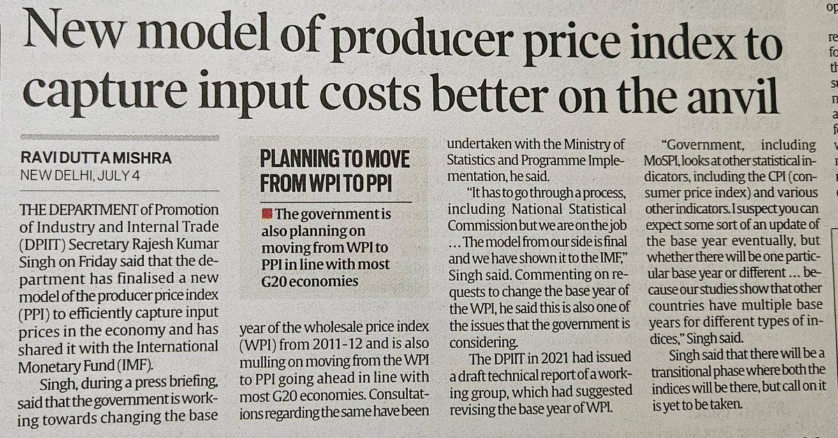 shuklasach's tweet photo. The plan to move from #WPI to Producer Price Index (PPI) has been afoot for a while as it is more conceptually consistent for use as #deflator. But better late than never. And starting late has some advantages too & #India can benefit from global #bestpractices & experiences... https://t.co/tcm9aiIOkC