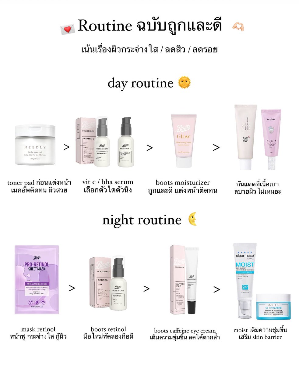 มาทำเป็น routine เช้า-เย็นที่ถูกและดีให้ เน้นเรื่องผิวกระจ่างใส อิ่มฟู ลดรอย เป็น less is more น้อยแต่มากผิวดีขึ้นจริง เน้นใช้ง่าย คัดมาให้แล้วว่างบน้อยแต่ผิวปัง เซฟเก็บไว้ได้เลย 🫶🏻💗💌

(รีวิวแบบละเอียดในเธรดคั้บ)