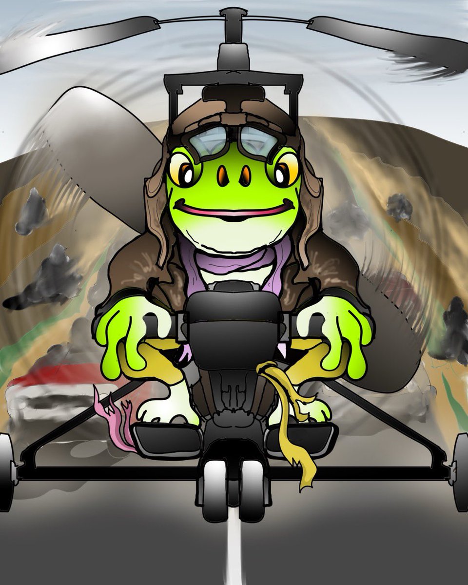 kanchanfunlife's tweet photo. Hi everybody! This is the Chill Frog #111.マッドマックス2で大活躍したジャイロコプターに乗ってチルしてます。追われてますが、、、、#gyrocopter #madmax2 #gyroCaptain #chillfrog #illustration #マッドマックス2 #ジャイロキャプテン #ジャイロコプター #チル・フロッグ https://t.co/k4vFblDaST