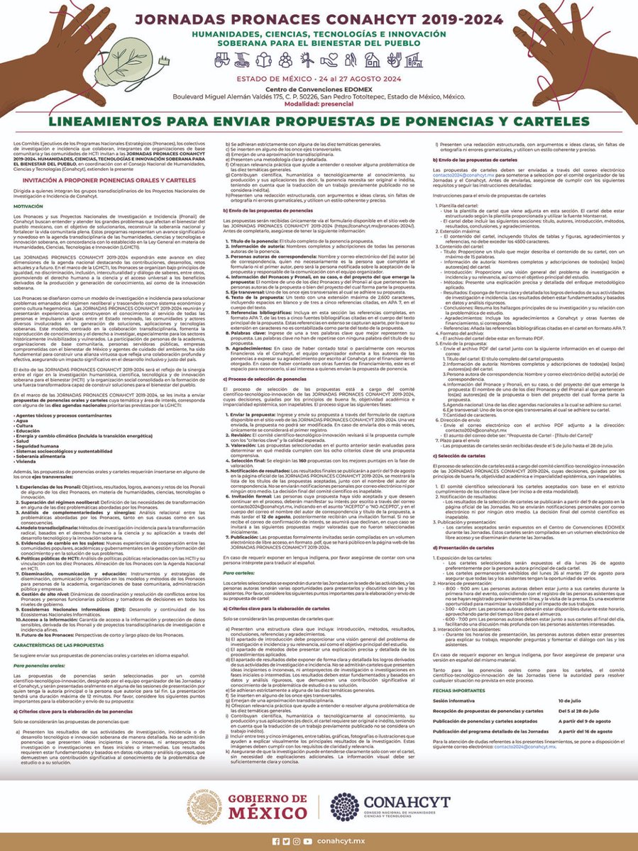 #JornadasPronacesConahcyt | Se invita a presentar propuestas de ponencias y carteles. Conahcyt impulsa la investigación humanística y científica y la innovación tecnológica soberana para el bienestar del pueblo de México. 

➡️ Conoce los lineamientos y participa.