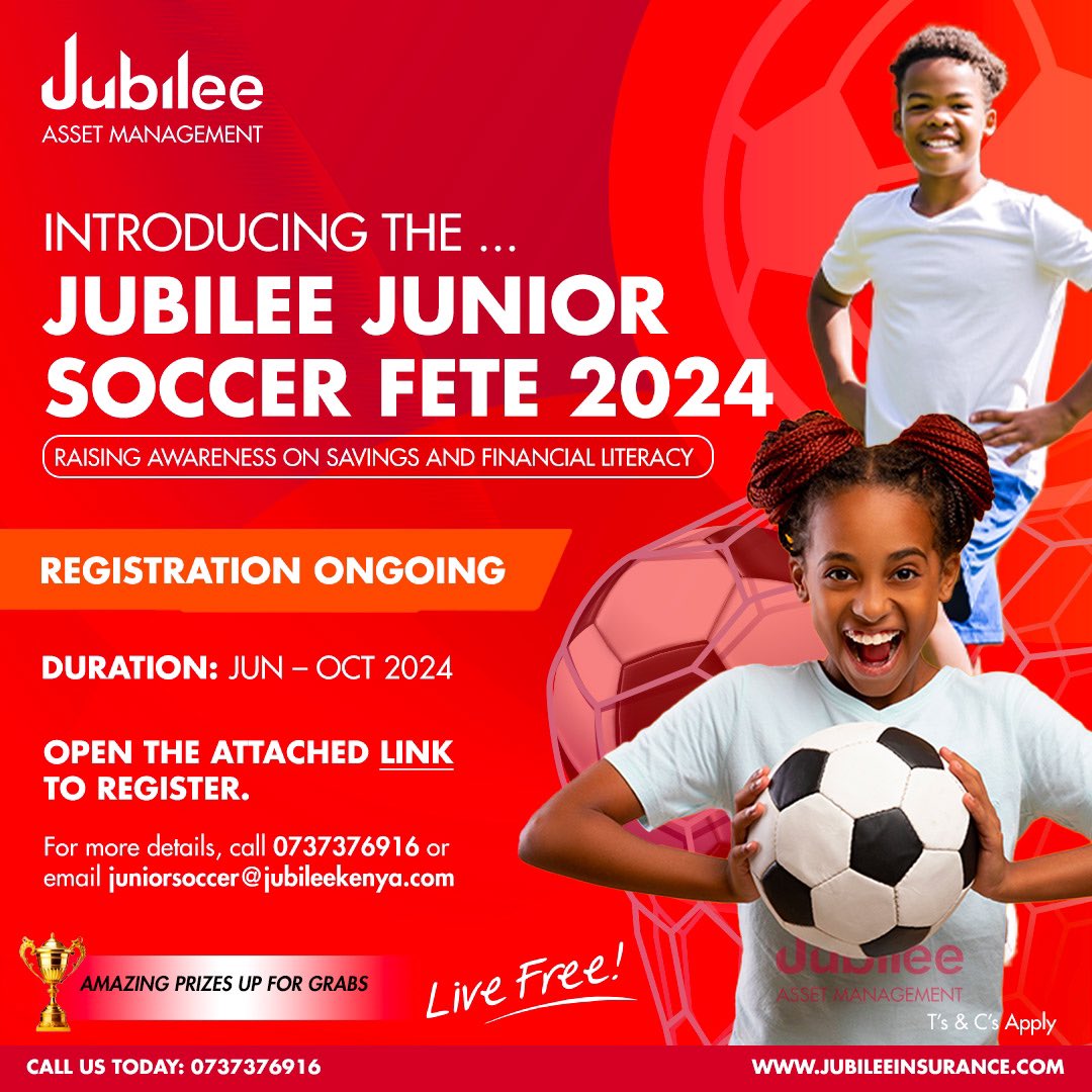 JubileeGroupKE's tweet photo. The Jubilee Junior Soccer Fete 2024 is here!
Calling upon private schools in Nairobi and its environs to register or refer a school to participate in the soccer tournaments. Click this link: https://t.co/bmFr8VLRah to register. https://t.co/AKL0VBVCgh