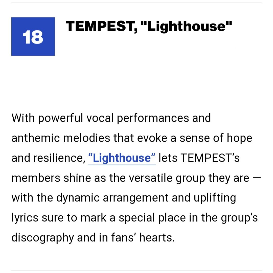 TPESTiE's tweet photo. [UPDATE] 240706 TEMPEST 'LIGHTHOUSE' LỌT TOP20, XẾP HẠNG 18 BXH BILLBOARD VỀ CÁC BÀI HÁT HAY NHẤT NỬA ĐẦU NĂM 2024 DO CÁC CHUYÊN GIA PHÊ BÌNH ÂM NHẠC BÌNH CHỌN
____________________
#PESTiE
#TEMPEST #템페스트
#LIGHTHOUSE https://t.co/x1vDeROv88