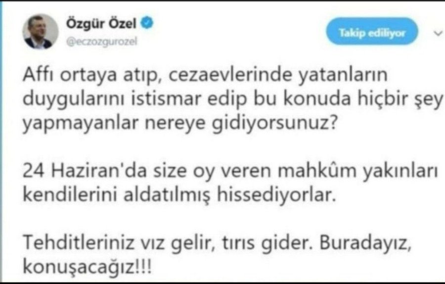 Bismillahirrahmanirrahim!

Af istiyoruz 🕊️ 
Duyun artık bizi Af istiyoruz 
<a href="/yilmaztunc/">Yılmaz TUNÇ</a> <a href="/YildizFeti/">Feti Yıldız</a> <a href="/RTErdogan/">Recep Tayyip Erdoğan</a>