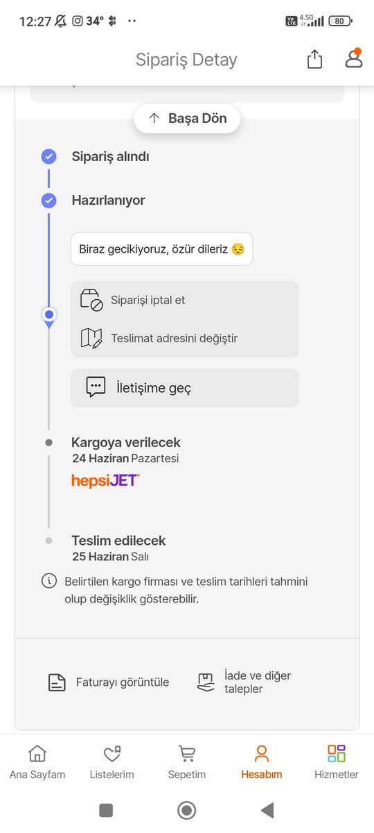 704224495 numaralı siparişim gecikti,  hala bir hareket yok. Müşteri hizmetleri stok yok yanıtını veriyor ancak ürünler hala satışta. İptal edileceği söylenen ürünlerin fiyatı aldığım tarihteki fiyatından neredeyse iki katına satılıyor. <a href="/hepsiburada/">Hepsiburada</a> <a href="/SikayetvarCom/">Şikayetvar</a>