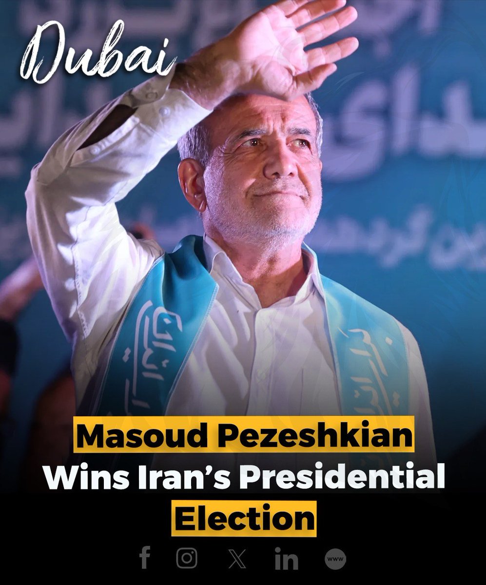 RealStartupDXB's tweet image. Masoud Pezeshkian, Iran's reformist candidate, emerged victorious in the presidential run-off election against ultraconservative Saeed Jalili, announced the interior ministry.

#IranElection #PezeshkianWins #ReformistVictory #IranPolitics #PresidentialElection