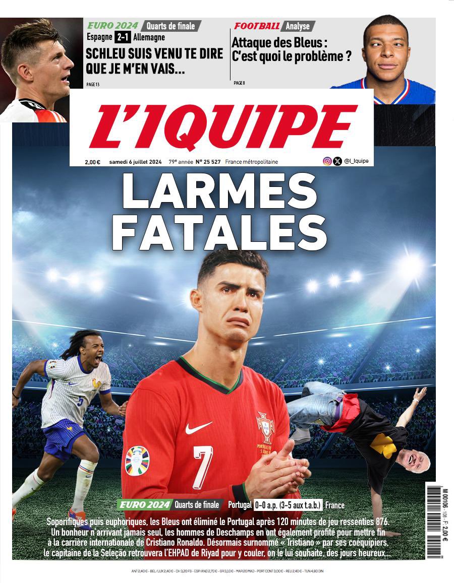 Voici la une du journal L’Iquipe du samedi 6 juillet :

- #PORFRA : CR7 bat en retraite
- #ESPALL : Kroos aussi
- #equipedefrance : L’amour du beau jeu

#France #Mbappe #Deschamps #Griezmann #EURO2024 #CR7 #Ronaldo #Kroos