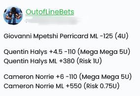 ItsCappersPicks's tweet image. #KimsVIP 
#OutoflineBets 
#TennisMonster 

#MatchPointBets 

Gio Mpetshi Pericard -127 4U
Arthur Fils - 132 3U
Fils 03.5 Sets -180 1U*
Popyrin +6 2U
Fritz Tabilo 03.5 Sets 2U
Pending:
Medvedev -161 7U
Humbert -115 4U
Shapo +120 4U
Fognini + 190 1U