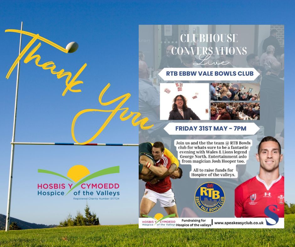 Thank you to Damien for organising a rugby evening in loving memory of Nathan Evans . The tremendous £1,500 raised is a testament to the love shared for Nathan.
Thanks to George North, Josh Hooper, Simon from Speakeasy and  the RTB Volunteers