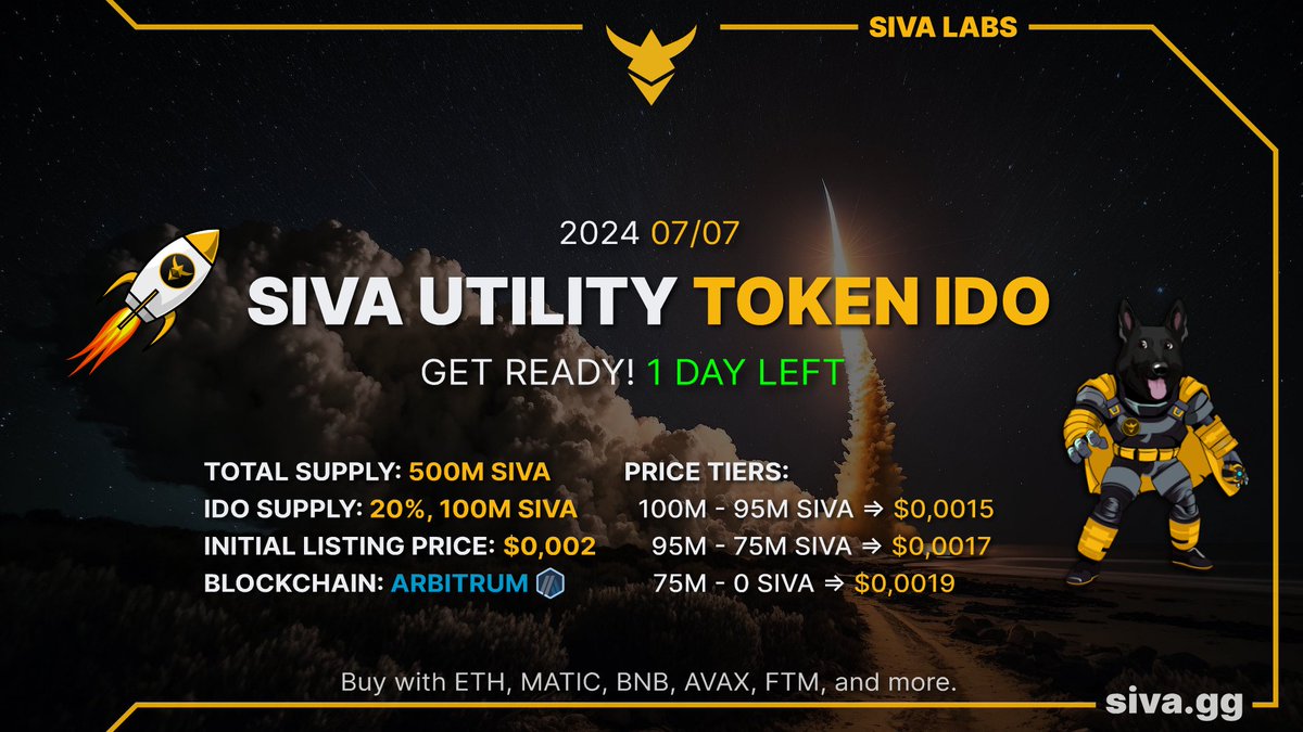 🚀 Only 1 day left! 🚀

Get ready for the $SIVA Utility Token #IDO on <a href="/arbitrum/">Arbitrum</a>! 🌐✨

Join us tomorrow to participate in the cutting-edge future of engage2earn and social wallets.

Play our 🎯 Lucky Loop game at launch, where each ticket can win all the $SIVA allocated for that