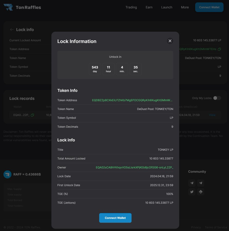 🌟 Welcome to Tonkey! 🌟

Hello Ton Fam!

We understand that the crypto space can be tricky, with concerns about rug pulls and scam projects, especially on TON network. At Tonkey, we are committed to building trust and transparency within our community.

🔒 Our Liquidity Pool is