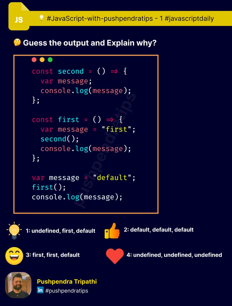 pushpendratips's tweet image. ๐ก #JavaScript-with-pushpendratips - 1 #javascriptdaily
๐ค ๐ฎ๐๐๐๐ ๐๐๐ ๐๐๐๐๐๐ ๐๐๐
๐ฌ๐๐๐๐๐๐ ๐๐๐?
Follow Pushpendra Tripathi for more valuable content.
๐ ย ๐๐ต๐ฒ๐ฐ๐ธ ๐ผ๐๐ ๐บ๐ ๐๐จ๐ฎ๐ญ๐ฎ๐๐ ๐น๐ถ๐ป๐ธ
lnkd.in/gCydGtaj
#javascript #react