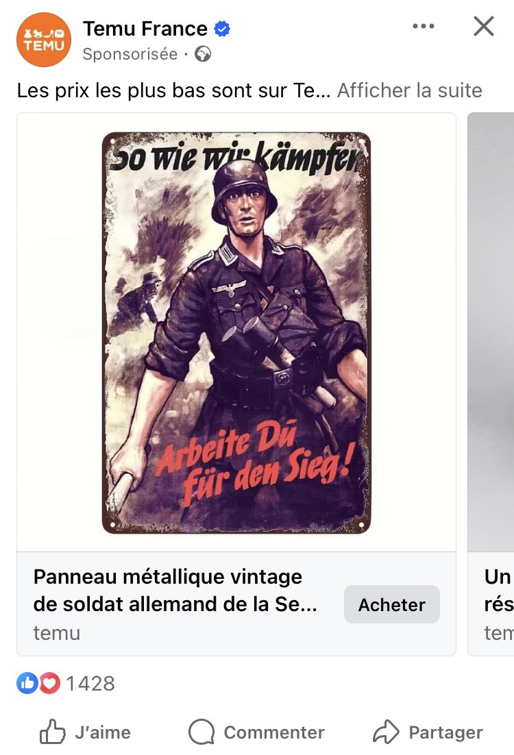 [Boulchit] Dites <a href="/TemuFrance/">Temu France</a> : vous vendez vraiment des affiches de la Wehrmacht façon <a href="/Displate/">Displate</a> ? Et vous en faites la publicité sur <a href="/facebook/">Facebook</a> ?
 
Quelle époque de merde. 🤦🏻‍♂️