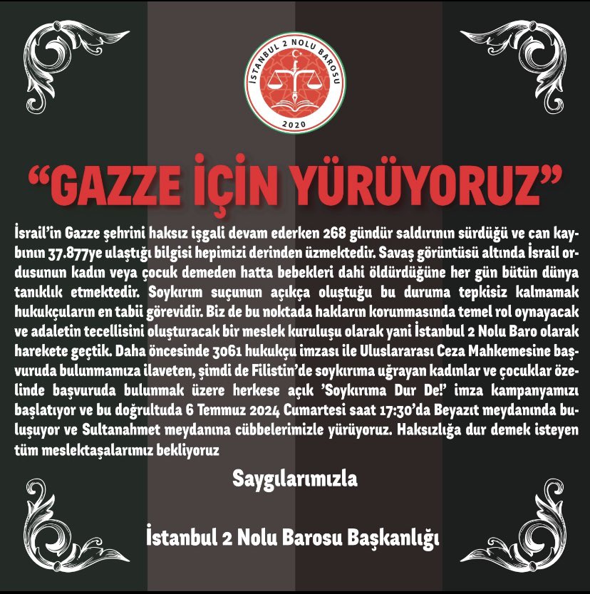 ayhan_karahan's tweet photo. Gazze’de 9 aydır soykırım yapan İsraile açılan soykırım  davasında Uluslararası Adalet Divanının saldırıları durdurma ve yaptırım kararına, BM Birleşmiş Milletlerin ateşkes kararına uymayan İsraile “DUR  DEMEK” için Avukatlar yürüyor

🗓️ 06.07.2024
⏰ 17.30
📍 Beyazıt Meydanı https://t.co/R9D5pDeatV