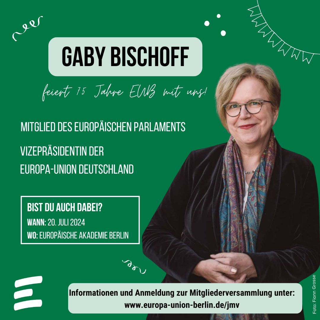 Wir werden 75 Jahre alt! Das feiern wir mit Mitgliederversammlung &amp; Festakt in der Europäischen Akademie. Los gehts ab 10 Uhr mit vielen prominenten Gäst:innen, darunter EUD-Vizepräsidentin <a href="/gabischoff/">Gaby Bischoff 🇪🇺</a>, MdEP. Jetzt anmelden: europa-union-berlin.de/jmv