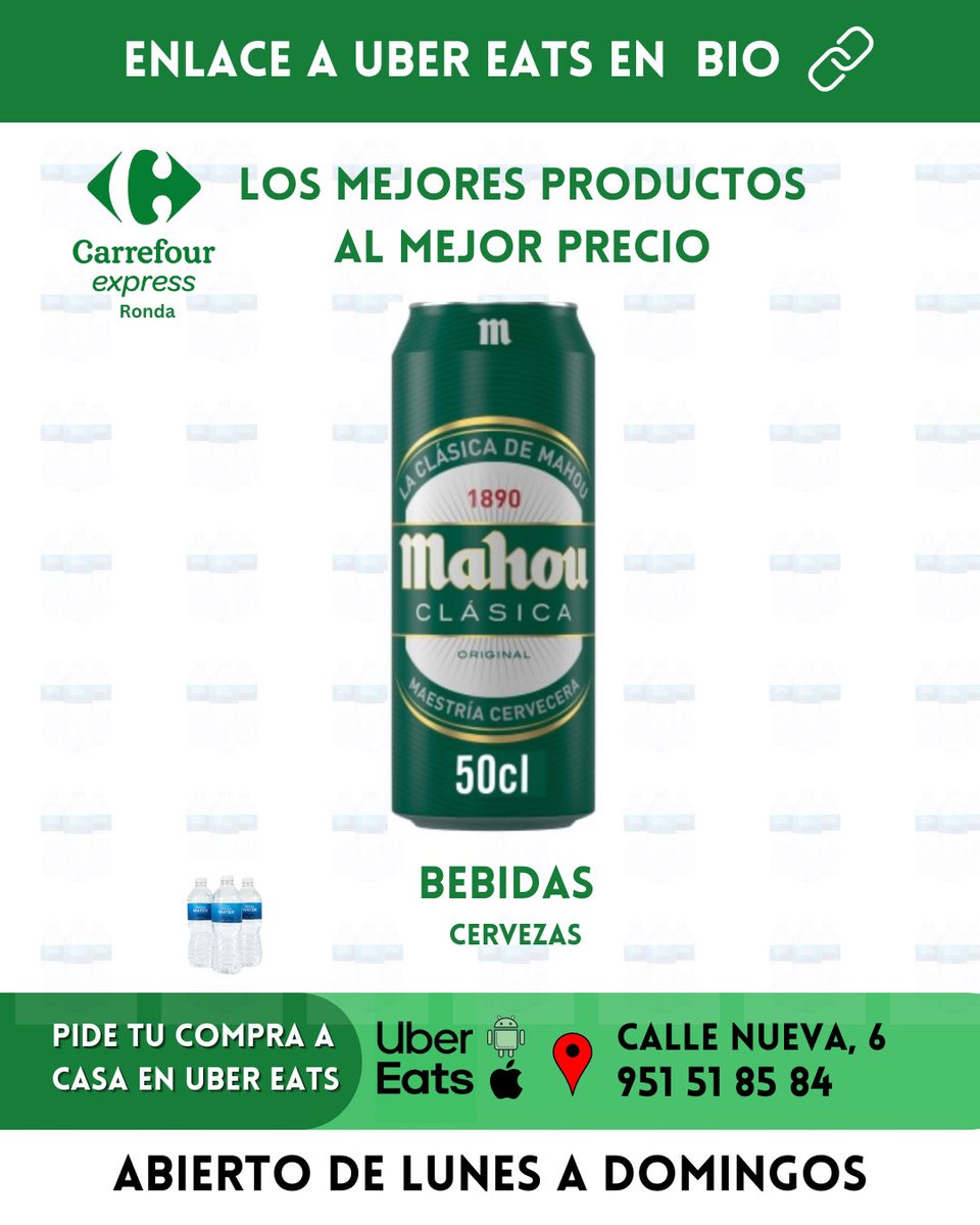 CarrefourRonda's tweet photo. ✅ Bebidas I Cerveza Mahou clásica lata 50 cl.
➡ Puede realizar sus pedidos en UBER EATS >> https://t.co/eHhlrH87td
.
.
.
#Carrefour #carrefourexpress #ronda #serraniaderonda #costadelsol #marbella #estepona #alimentacionsaludable https://t.co/cSBNh9UJ1Z
