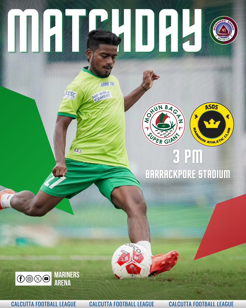 ArenaMariners's tweet photo. Our Boys are on hunt of 3 points as they take on ASOS Rainbow AC in their 2nd #CFL Match. Let’s win it. 👏🏻😤
@mohunbagansg @IFABengal
#calcuttafootballleague #kolkatafootball #mohunbagansg #asosrainbow #marinersarena #joymohunbagan 💚❤️ https://t.co/Dqjsd7Reho