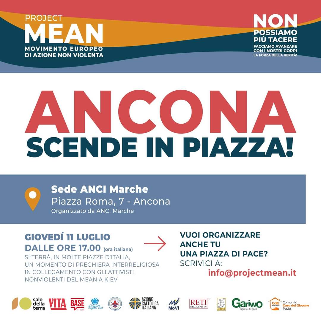 🔴 𝐕𝐮𝐨𝐢 𝐨𝐫𝐠𝐚𝐧𝐢𝐳𝐳𝐚𝐫𝐞 𝐚𝐧𝐜𝐡𝐞 𝐭𝐮 𝐮𝐧𝐚 𝐏𝐢𝐚𝐳𝐳𝐚 𝐝𝐢 𝐏𝐚𝐜𝐞? 
📧 info@projectmean.it
🗓 l'11 luglio alle 17 ora 🇮🇹 in molte piazze d'Italia si terrà una preghiera interreligiosa in collegamento con gli attivisti nonviolenti del #Mean a Kiev #Ukraine