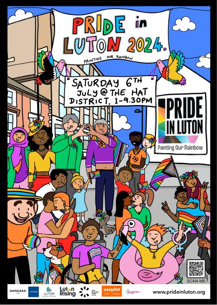Join us today from 1pm onwards for Lutons 3rd Pride festival. 

Hat District 
1pm -9pm

🕺🏿 2 stages of entertainment and education
🖼 Stalls
🎨 Arts and crafts
❤️ A whole lot of love

Keep your fingers crossed the weather apps are correct with rain due to end at 1pm.
