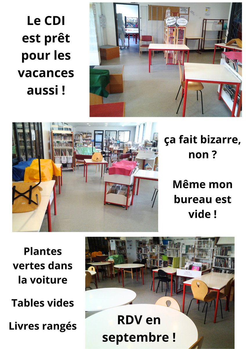 ça y est !
CDI rangé📚, livres enregistrés 👍(mais pas tous couverts😕), plantes vertes en vacances !
Découvrez les nouveautés dès maintenant sur Esidoc
0280751p.esidoc.fr
Et n'oubliez pas : toute l'année,  et encore plus en vacances, les bibliothèques sont là pour vous !