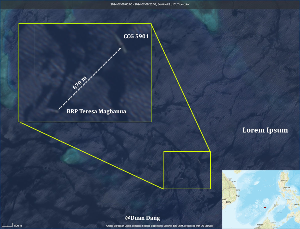 China's largest coast guard vessel, CCG 5901, faces off against the Philippines' largest coast guard ship, BRP Teresa Magbanua, at Sabina Shoal.