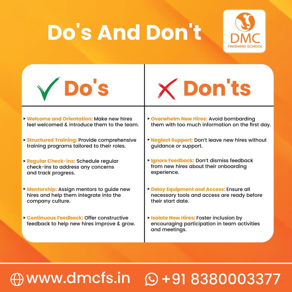 dmcfs2006's tweet image. Visit - dmcfs.in
Call - +91 8380003377

#DoandDonts #WelcomeToTheTeam #StructuredTraining #RegularCheckIns  #MentorshipProgram #ContinuousFeedback #AvoidOverwhelming #SupportNewHires #ListenToFeedback #OnboardingReady #InclusiveCulture #DMCFinishingSchool