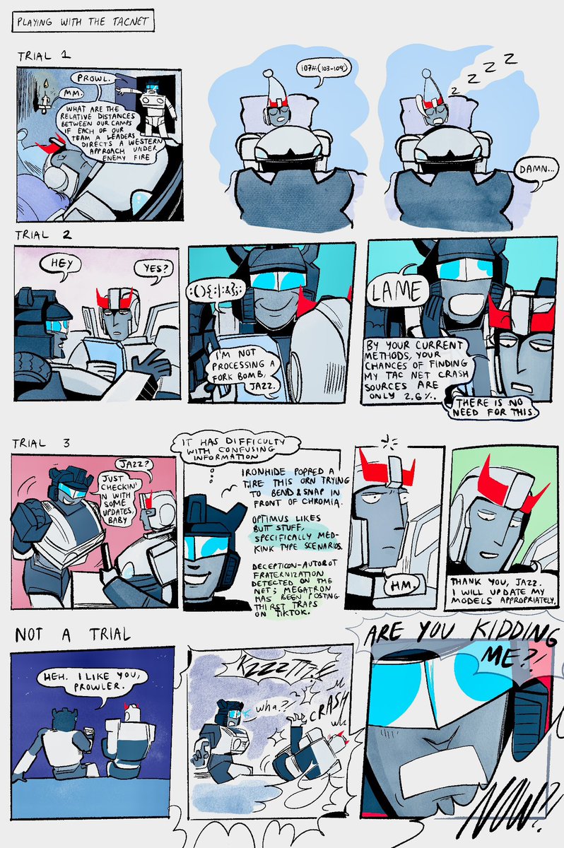 jazzprowl won so here is them!! but I hear u loud and clear mirage and hound likers…should I have more time tomorrow they shall be warmup material!!!

anyways here is jazz messing with g1 prowls brain computer:)