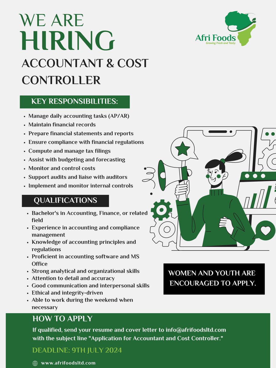 Join Our Team at AFRI-FOODS Ltd!

We're hiring a detail-oriented Accountant and Cost Controller. If you have a passion for numbers, compliance, and contributing to a growing export business, we want to hear from you!

 Join our dynamic, inclusive team in the export business!🤝🌍