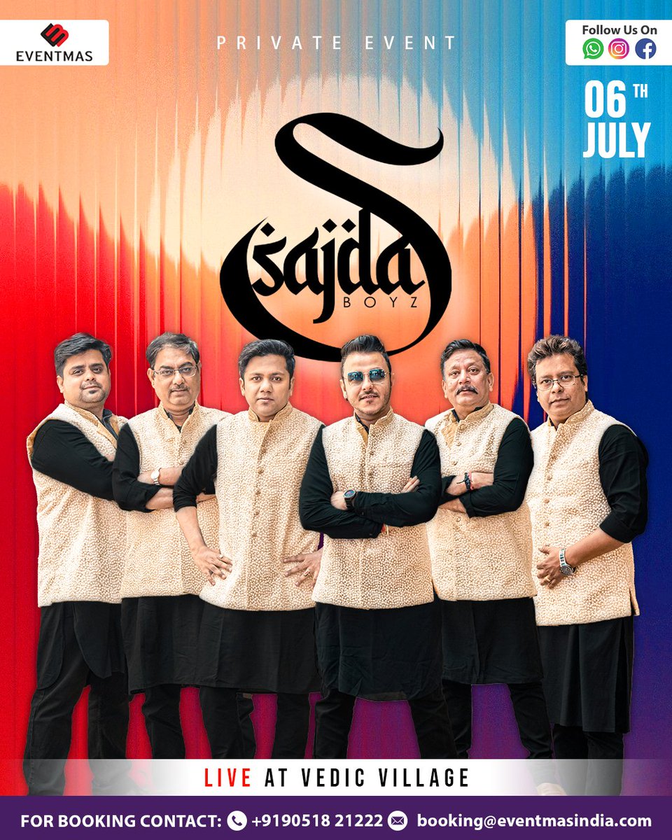 EventmasIndia's tweet photo. Event Update :

Experience the power of Sufi music with Sajda Boyz live tonight at Vedic Village !
.
.
.
#SajdaBoyz #Eventmas #SufiBollywood #EventmasExclusive #TeamEventmas #WeCreateYouCelebrate https://t.co/1RAqbbAlTg
