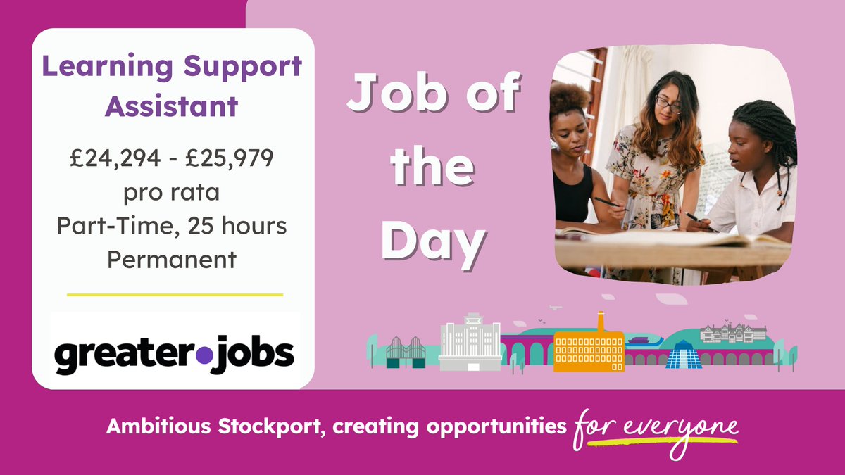 JobsAtStockport's tweet photo. Stockport's #ContinuingEducation Service has a #LearningSupportAssistant role in a post 19 setting, for learners with a wide range of needs.
Can you engage, motivate, and inspire students?
Find out more 👉 https://t.co/3xsjqpKnjB
#TeamStockport #AmbitiousStockport #StockportJobs https://t.co/zj0osbcTvq