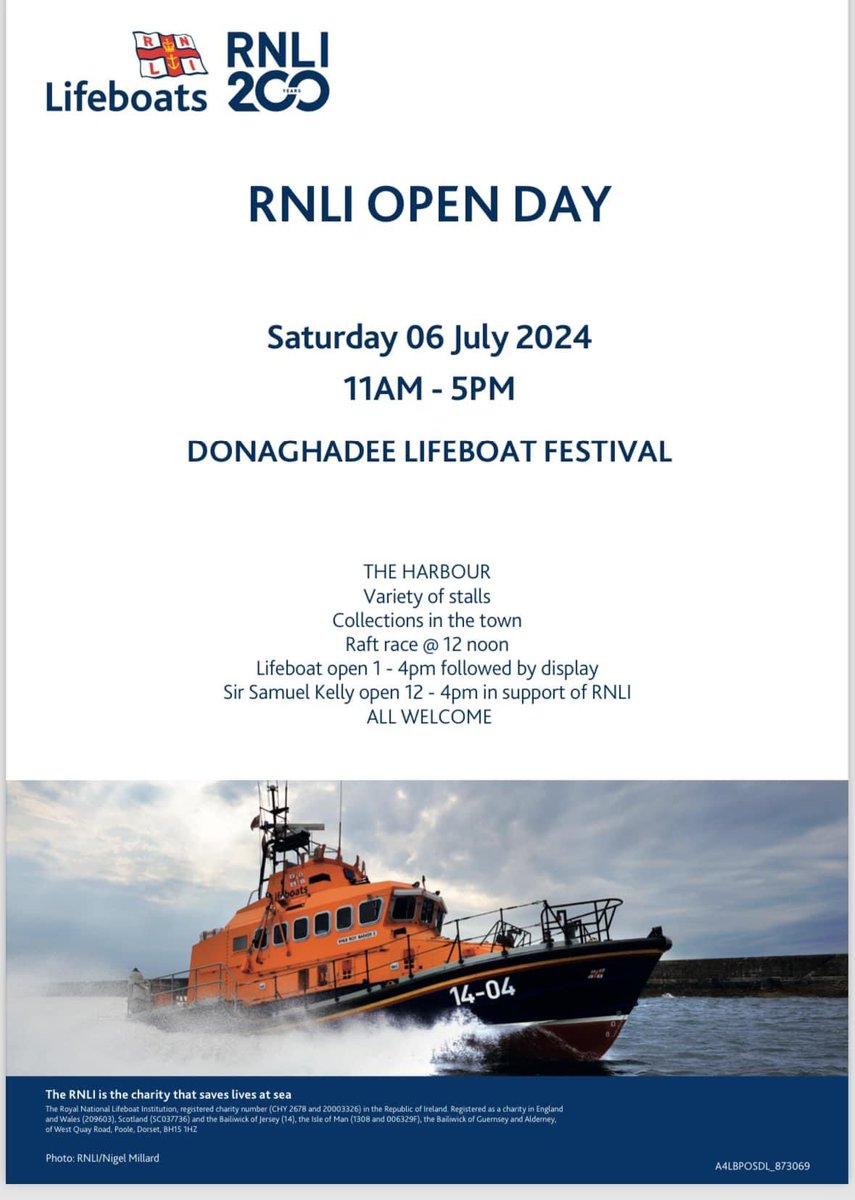 TODAY’s THE DAY - DONAGHADEE <a href="/RNLI/">RNLI</a> ‘OPEN DAY’ &amp; Lifeboat Festival - 11am to 5pm. See on board the <a href="/DonaghadeeRNLI/">Donaghadee Lifeboat</a> Lifeboat + lots to do and see - (Note - Raft Race postponed to alternative date).